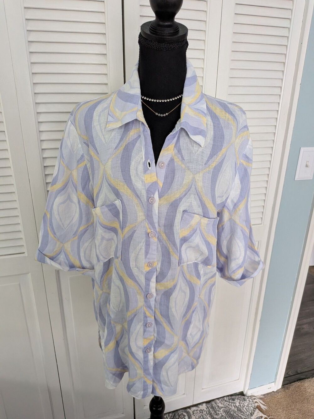 JM Collection Tunic Top Women's 16 Purple Yellow Geo Pattern 100% Linen Artsy
